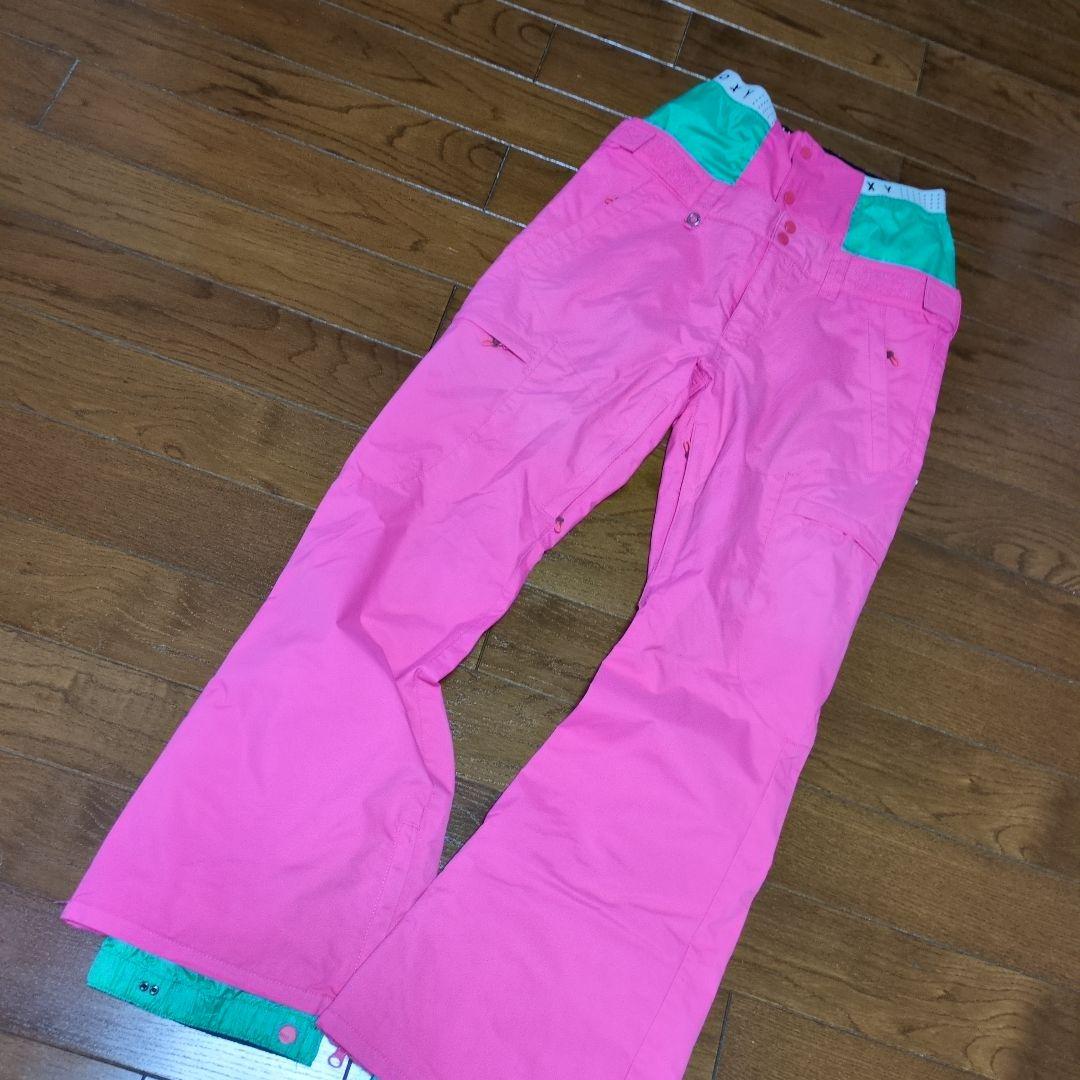 【美品】ROXY　スノボウェア　上下セット　L　総柄　羽根　フェザー　ピンク