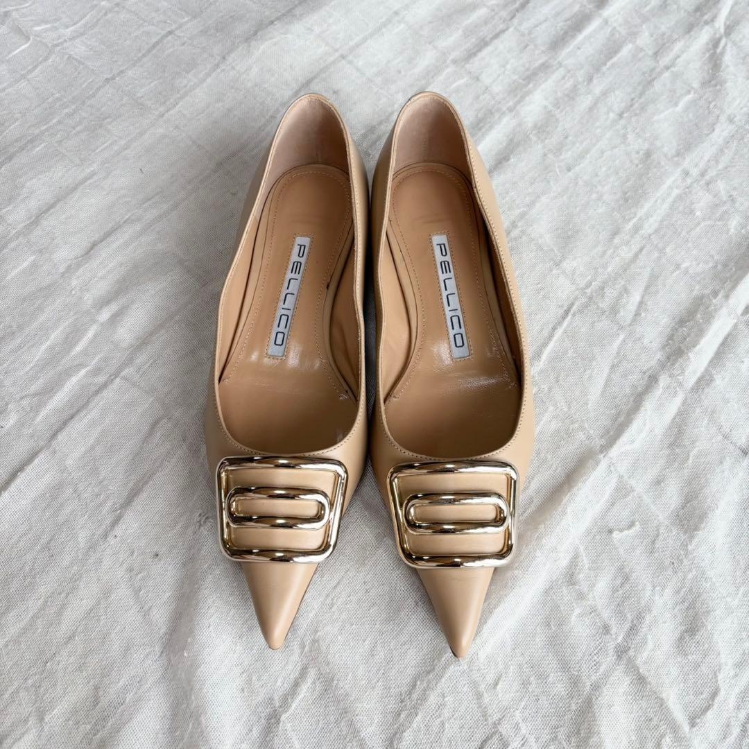 【美品】 ペリーコ フラットパンプス ローヒール バックル ポインテッドトゥ