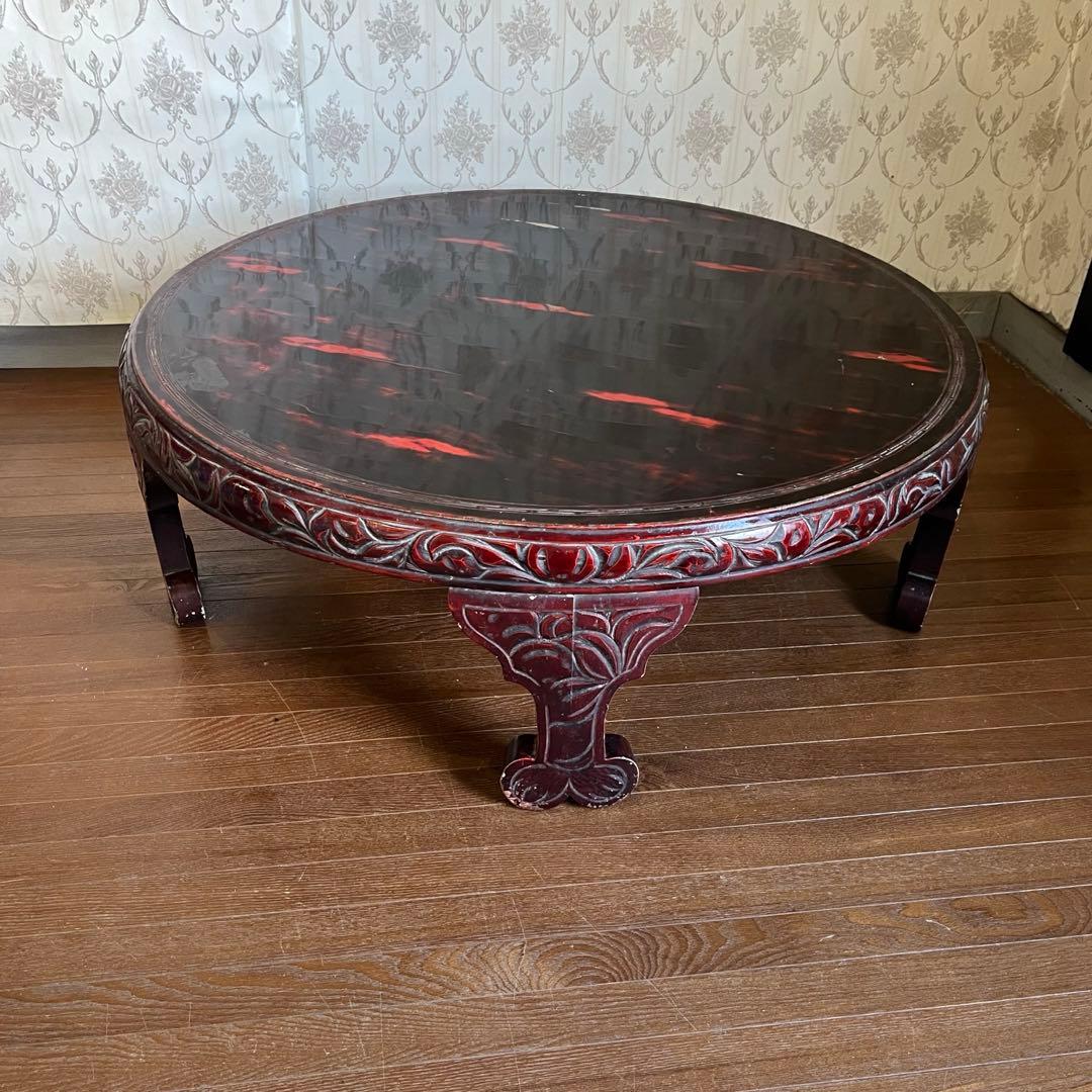 【アンティーク】李朝 彫刻 天然木 座卓 ちゃぶ台 センターテーブル 古家具