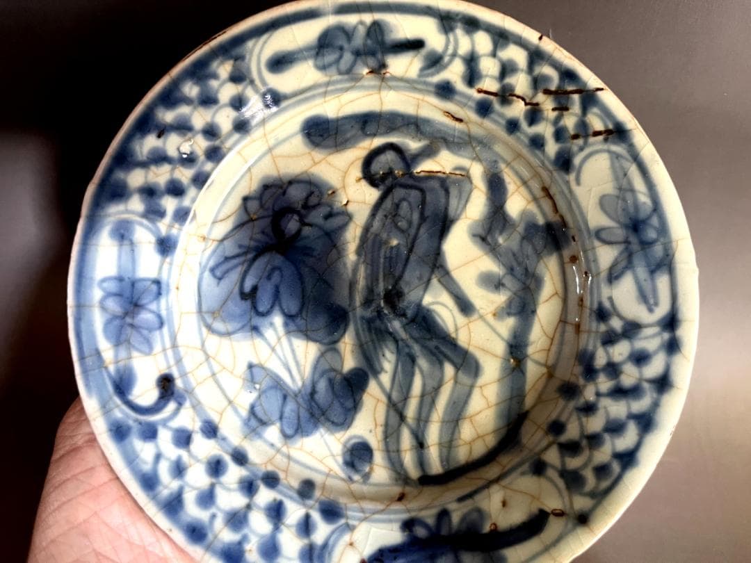 皿■呉須手 南京染付 明時代末期～清時代初期（17世紀頃）砂高台 2枚 青華■