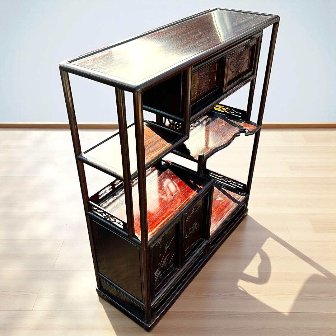 昭和レトロ✨高級品✨唐木調 茶棚 彫刻 透かし細工 梅に鳥 竹文様 床の間