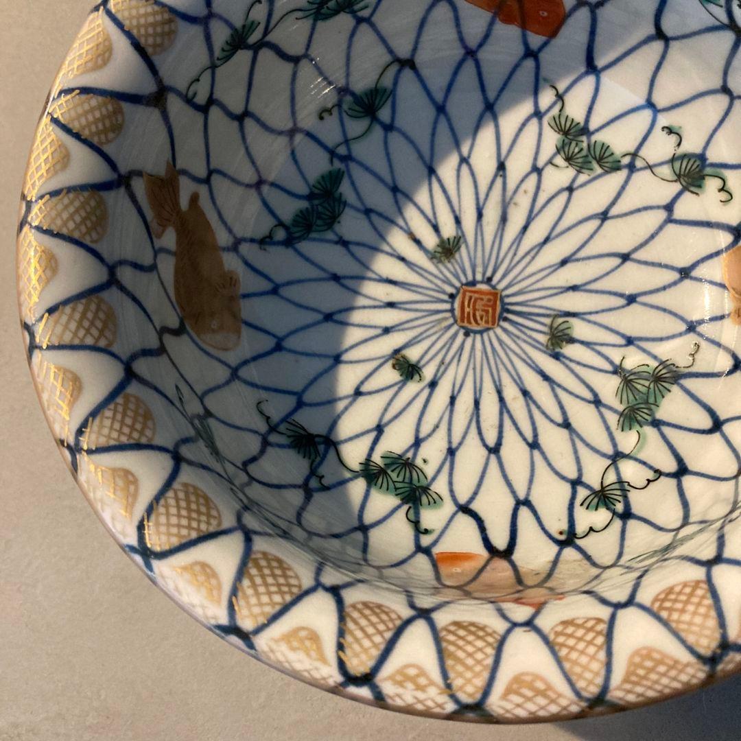 【貴重】古伊万里　染付色絵鉢　網目　金魚　金彩　茶碗　陶器　骨董品　江戸後期