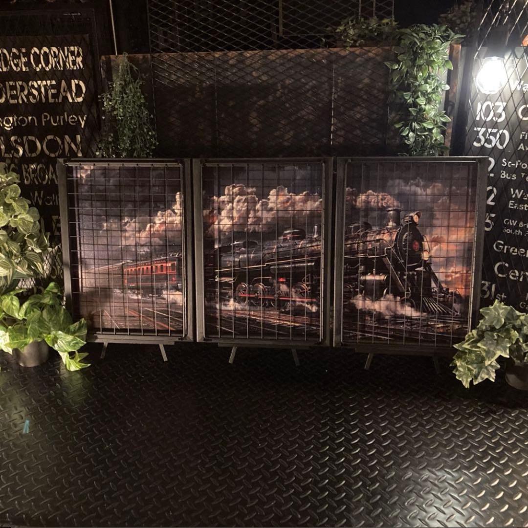 インダストリアル　アイアンフェンス付きウッドアートパネル　蒸気機関車SL