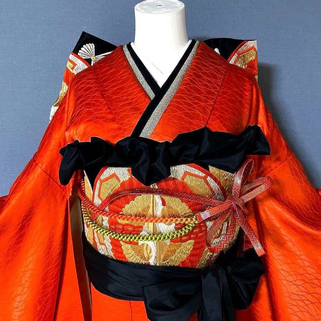 振袖フルセット　紋意匠友禅　艶のある朱色　成人式振袖　振袖