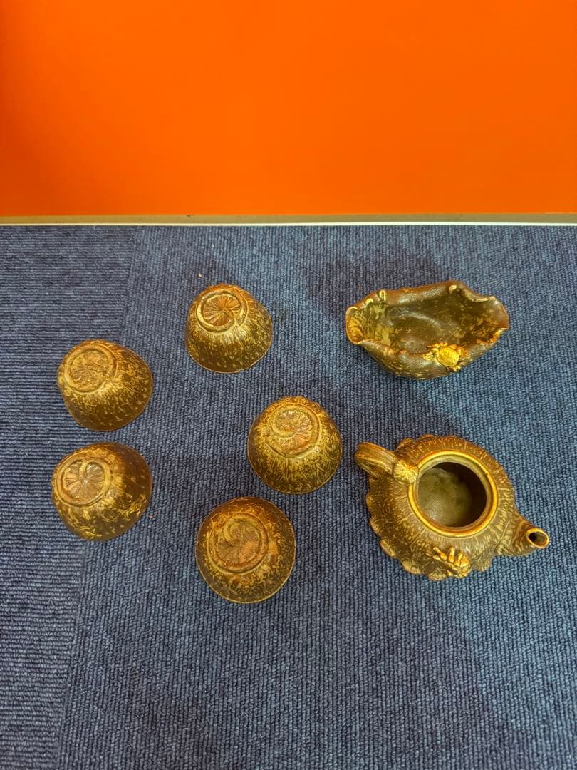 1684備前焼？　蓮に蟹細工　茶器セット　湯呑1客　湯冷し1客　湯呑5客　茶櫃付