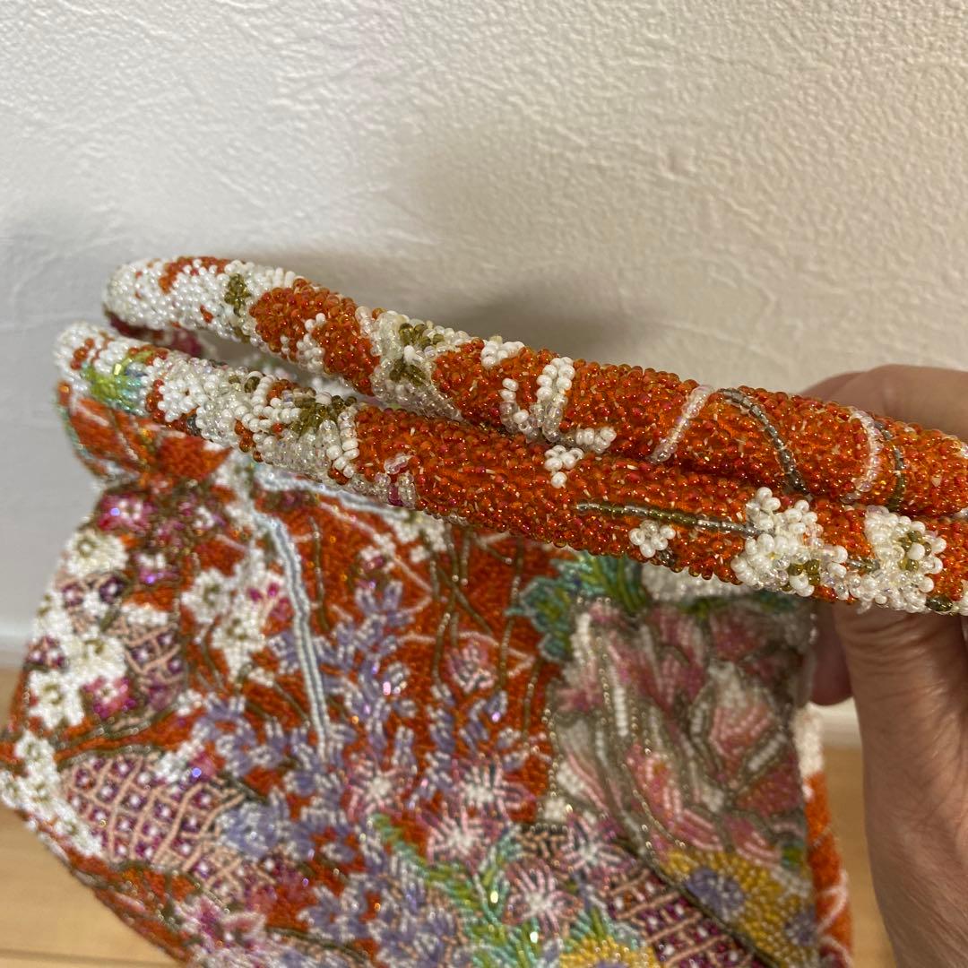 花柄刺繍 和装用バッグ オレンジ系総ビーズ