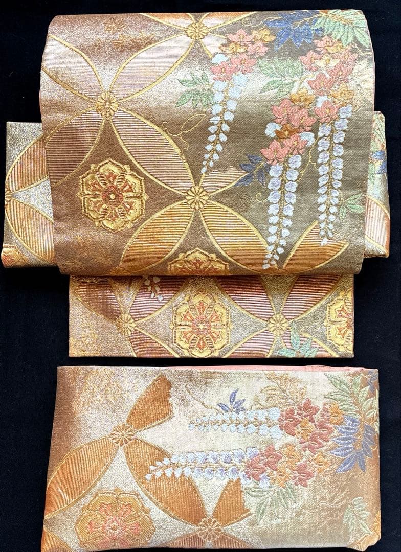 美品 藤の花 金 七宝紋様 正絹 袋帯 二重太鼓 作り帯