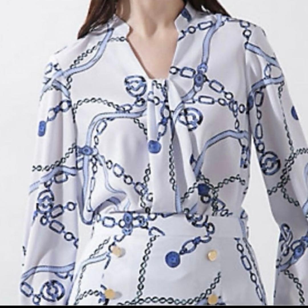 美品ピンキー＆ダイアン38 チェーンプリントブラウス◇ブルー系