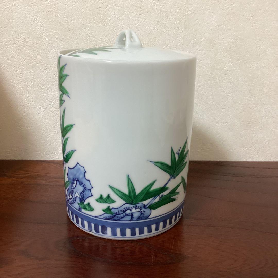 水指　正村千馨作　染付水指岩竹文　共箱　茶道具