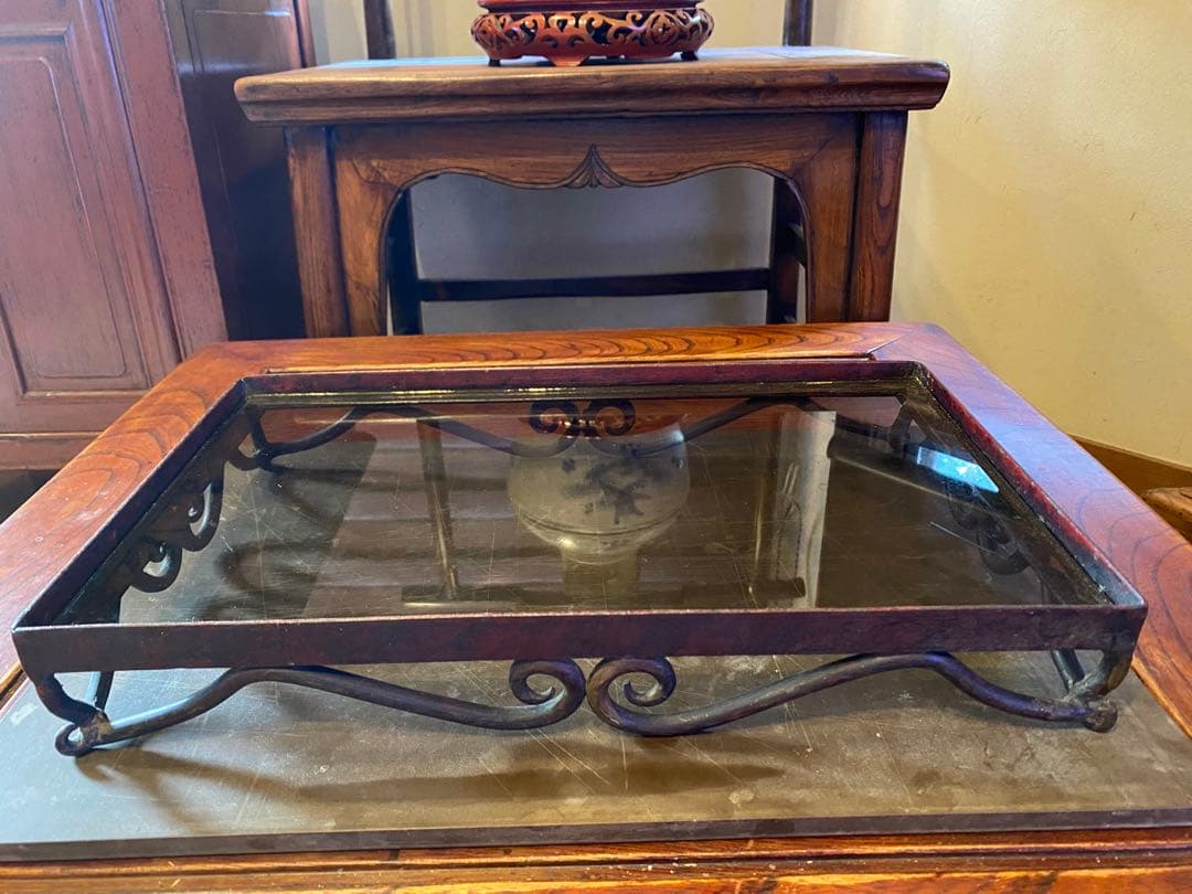 アンティーク装飾アイアン製　ガラス台 ヴィンテージ　レア 鉢受け　観葉植物