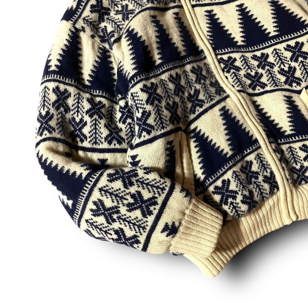 BLAIZE様☆ノルディック柄カウチンニットセーター総柄ファーフーディジップアッ
