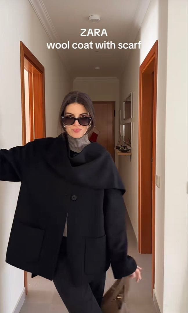 ZARA ウールスカーフ付きコート　ネイビー