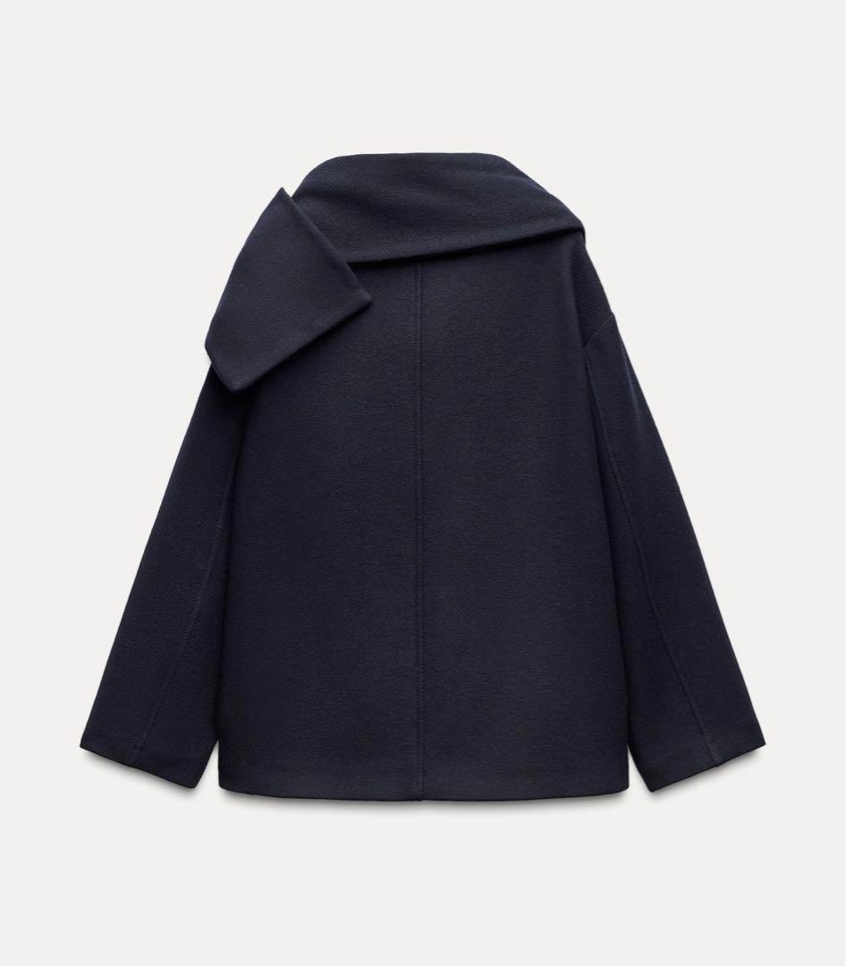 ZARA ウールスカーフ付きコート　ネイビー