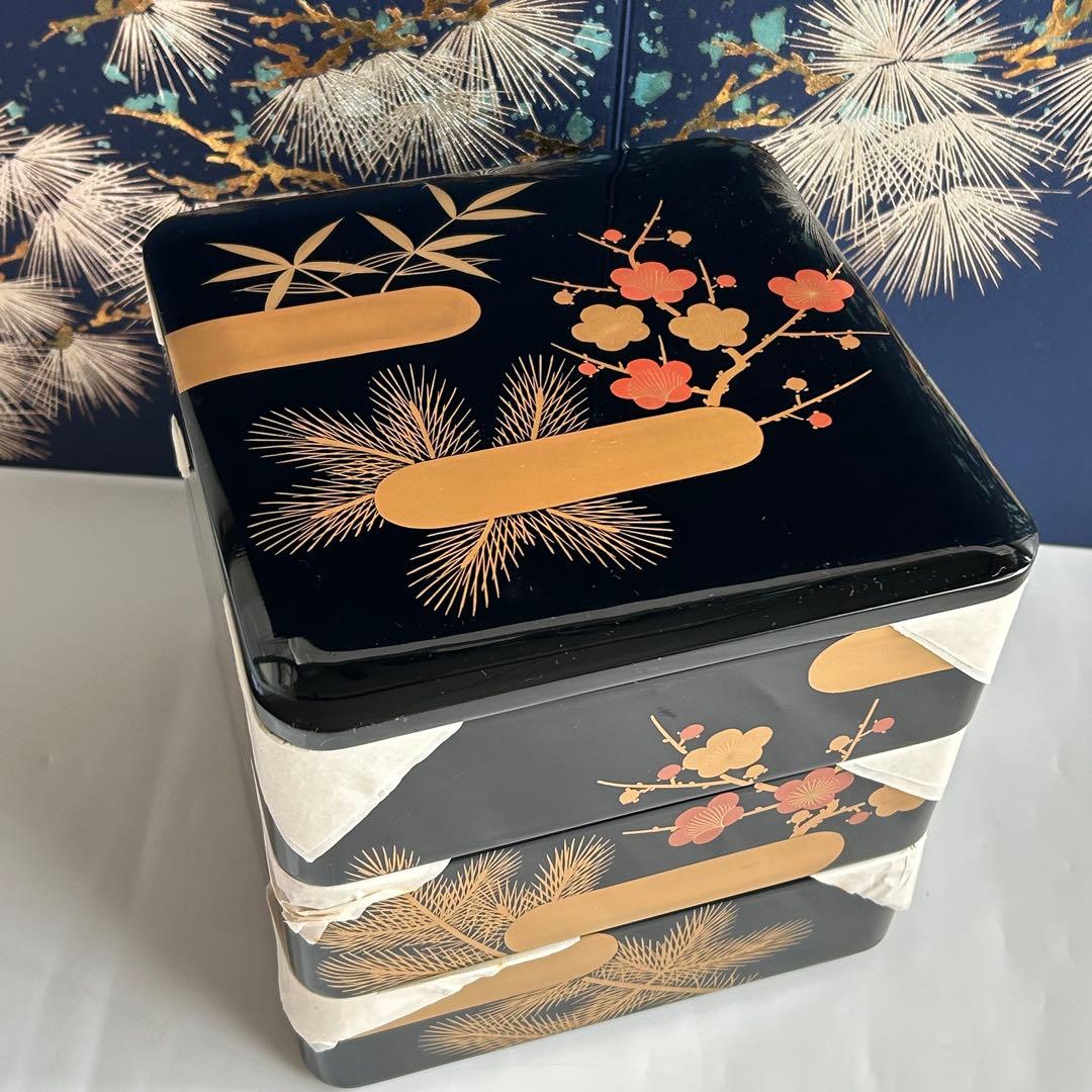 輪島塗　小川銘 天然木製 漆器 竹松梅蒔絵　3段重箱　共箱付
