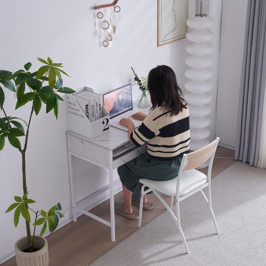 【ホワイト】パソコンデスク引き出し付き 収納台 pcデスク 机 大理石柄おしゃれ