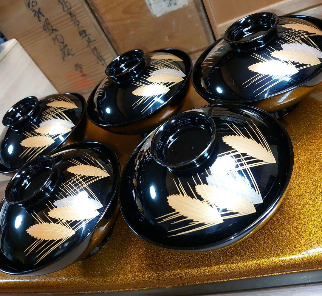 輪島黒塗金銀麦頭蒔絵椀五