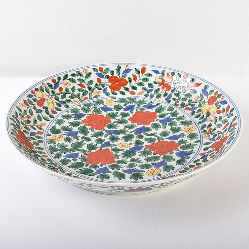 中国　大明萬暦年製　五彩花文　大皿　飾り皿　直径約39㎝　V　R7817C