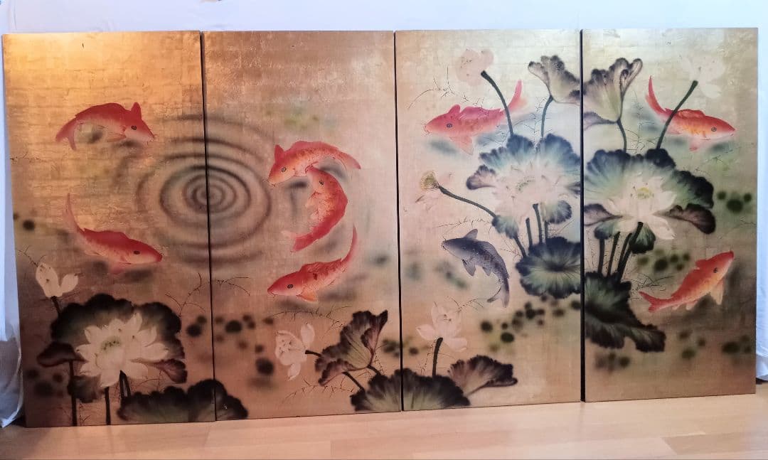 シノワズリ　壁飾り４枚　輸入家具　アジア雑貨　鯉蓮　アンティーク　漆塗り