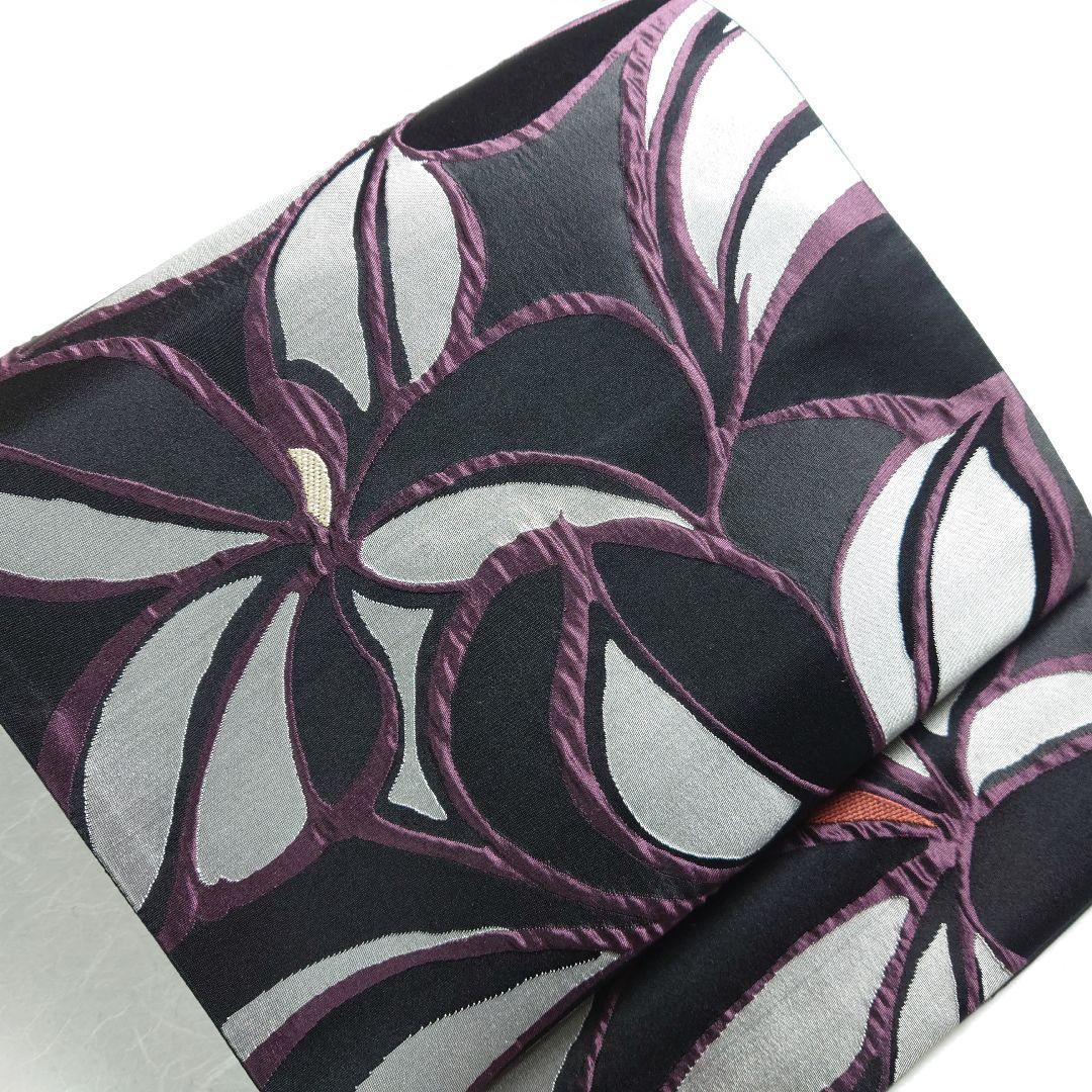 正絹 袋帯 六通柄 幾何花 黒 ふくれ織 モノトーン クールビューティー 逸品