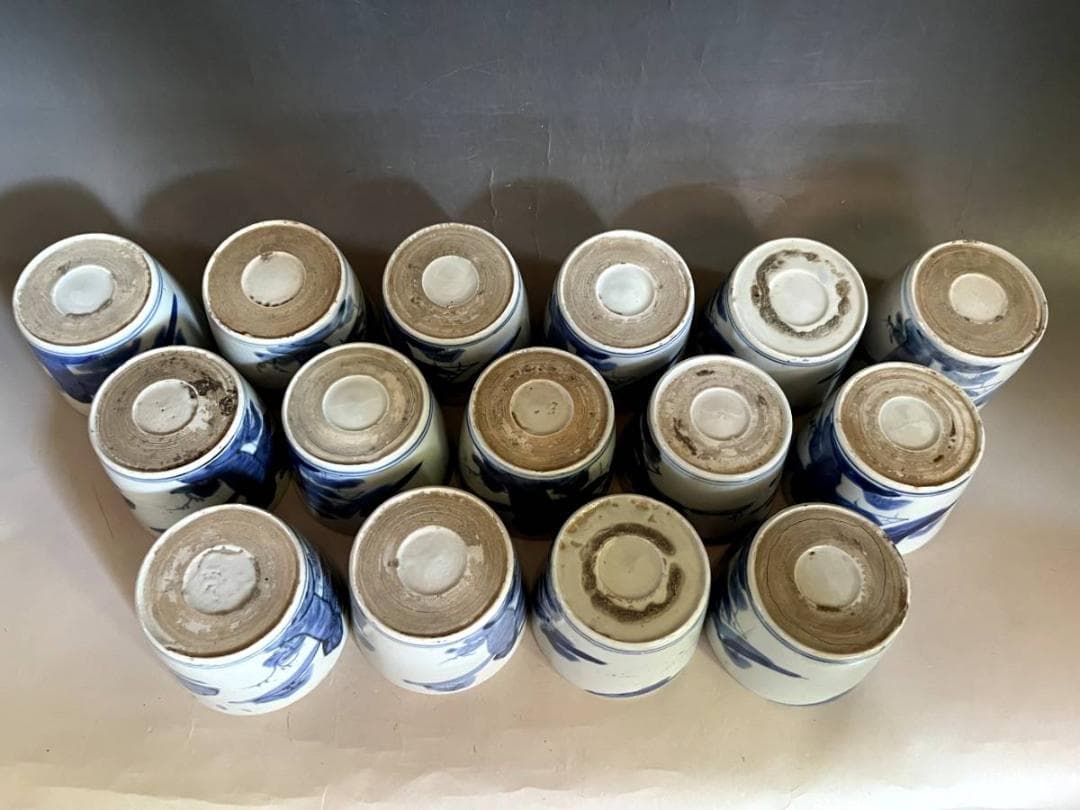 蕎麦猪口●手描きソバチョコ(江戸後期)伊万里染付山里図 15客 酒器時代物骨董■