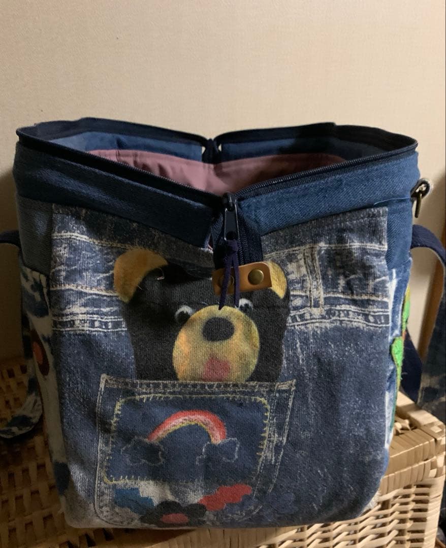 1938【もも】ワイヤー口金ボストンバッグ(L)、デニムリメイク