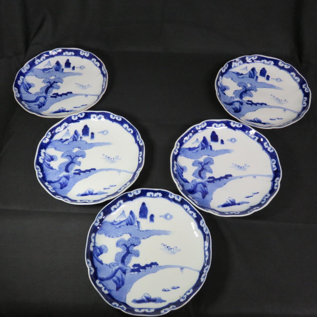 大皿 染付 古伊万里 明治 大正 山水 花文様 家屋 帆船 窯傷 名家 5枚