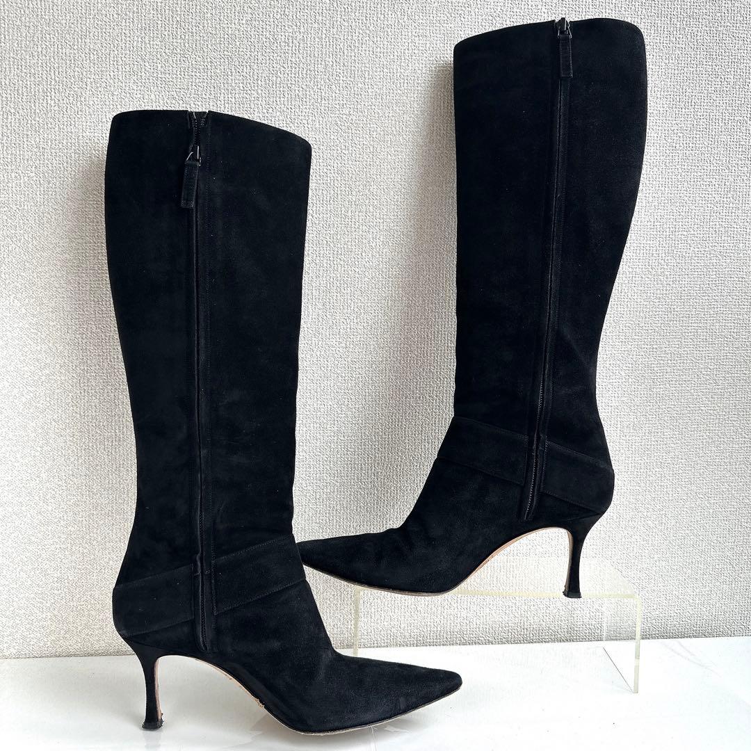 マノロブラニク　ロングブーツ　スクエアバックル　ハイヒール　スエード　黒　37