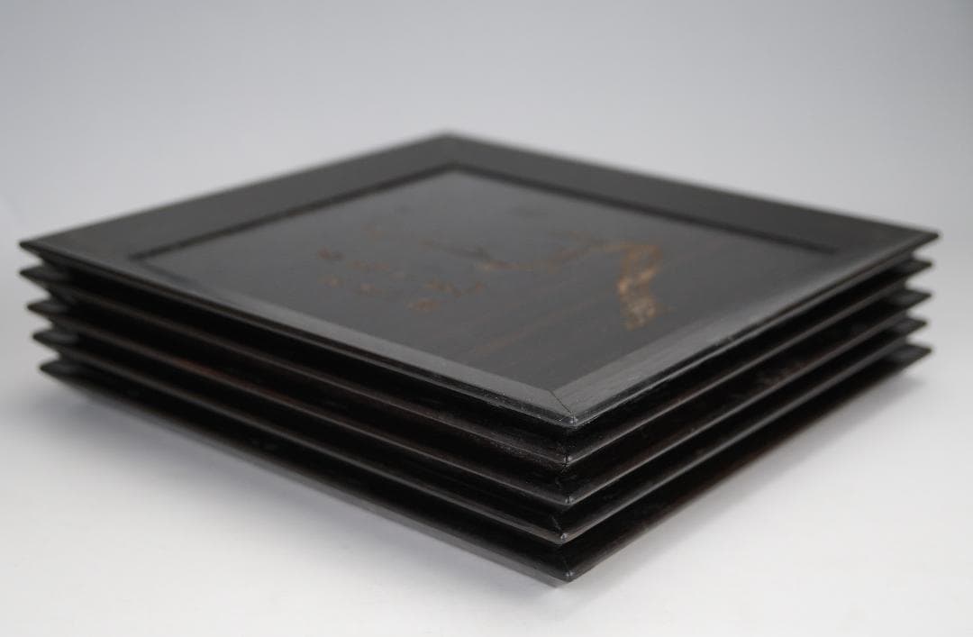 手彫り　五君子漢詩文　唐木　四方皿　五客揃い　作家在銘　煎茶道具