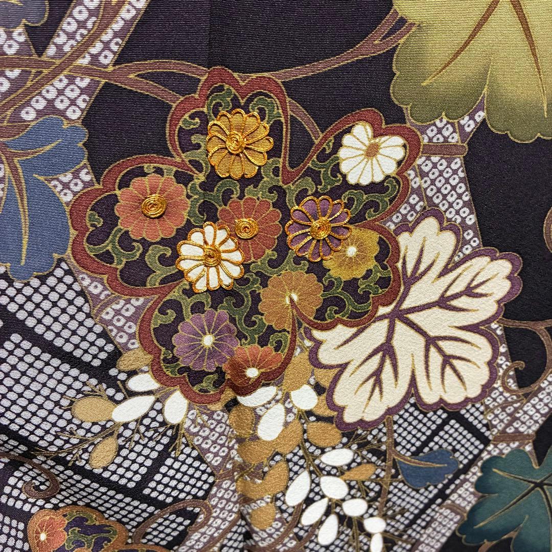 D85 訪問着 蔦の葉 菊 金駒刺繍 縫い紋 正絹 着物 袷 極美品