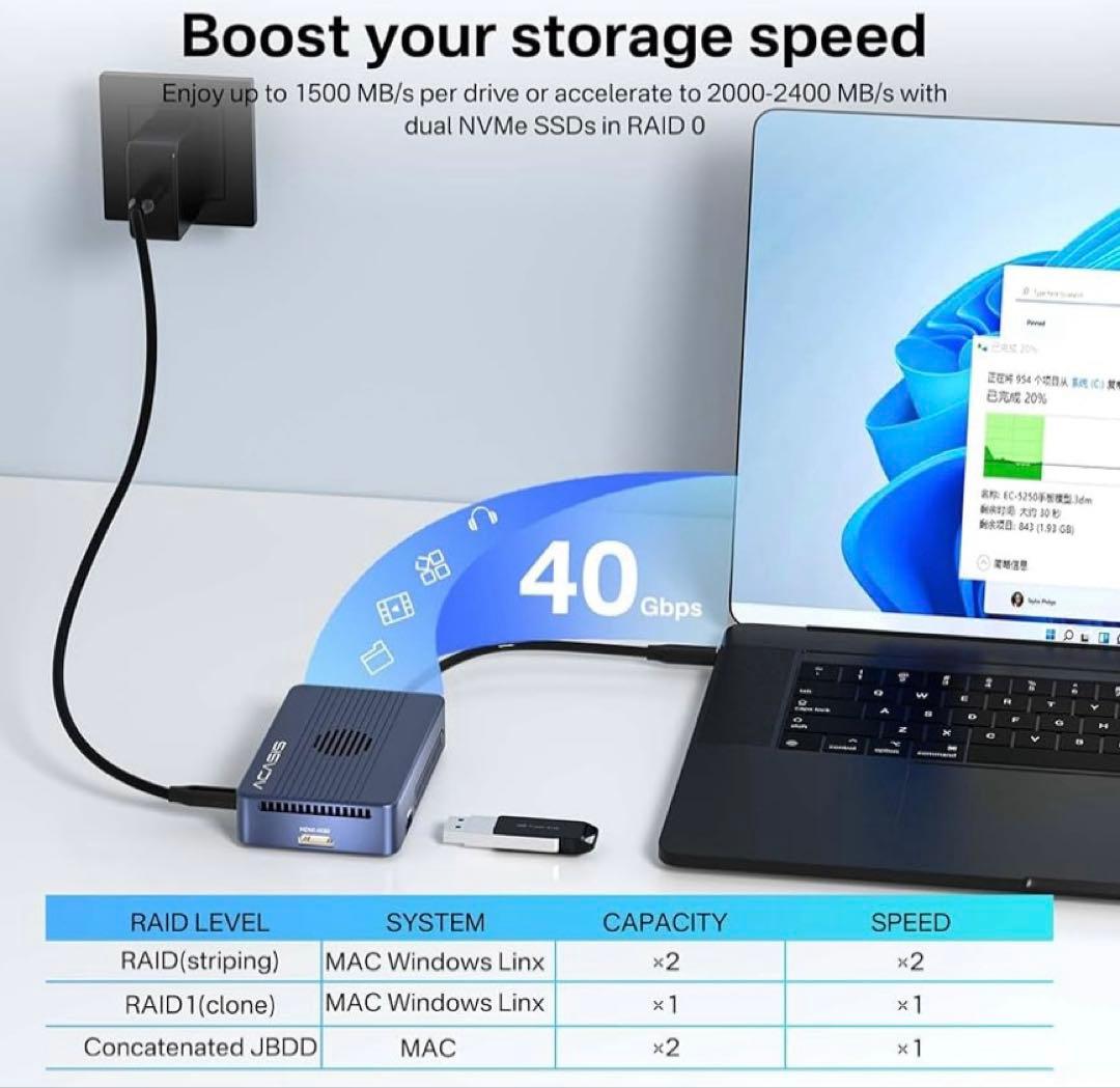 ACASIS 40Gbps SSD 外付けケース 冷却ファン内蔵