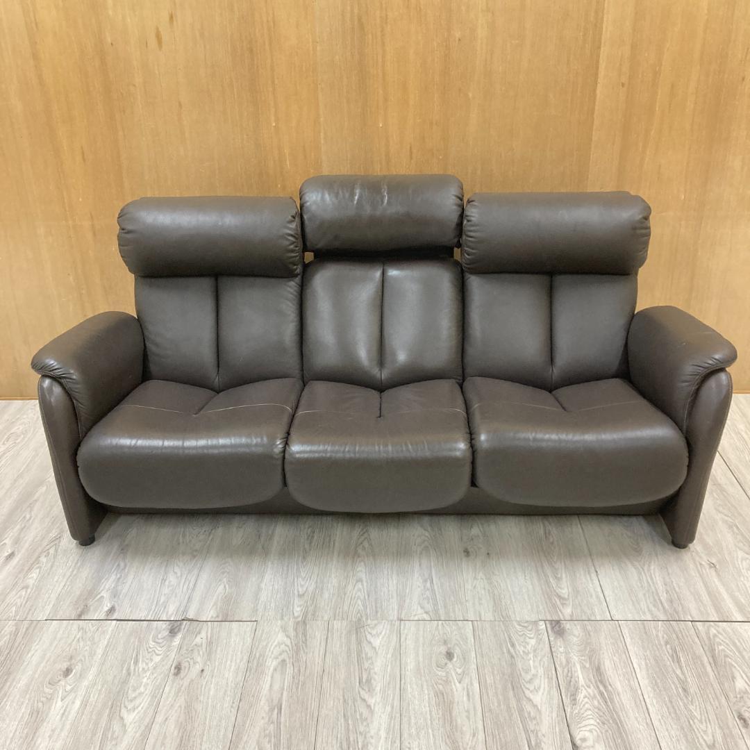 リクライニングソファ　三人掛け　ヘッドレスト可動式　本革