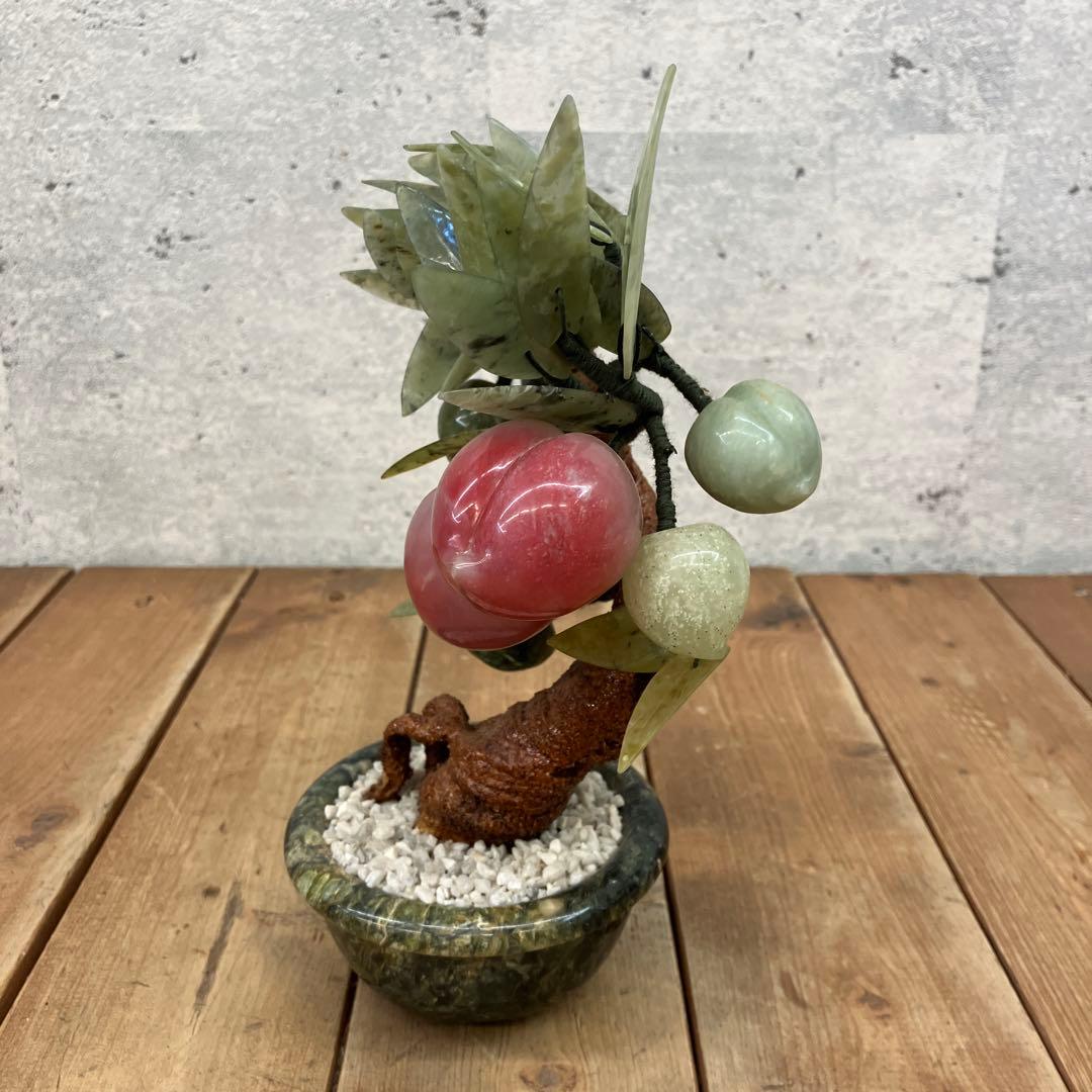 中国美術 レトロ 翡翠玉石 玉石盆景 細工彫刻 桃の木 盆栽 置物 インテリア