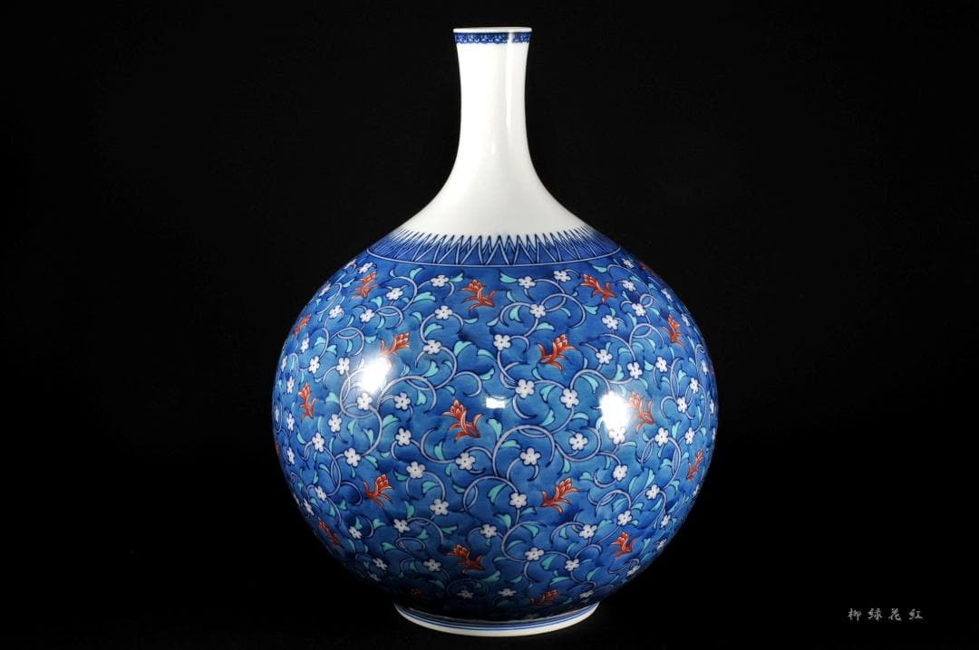 十三代 今泉今右衛門 色鍋島草花更紗文 花瓶 共箱 人間国宝 本人作