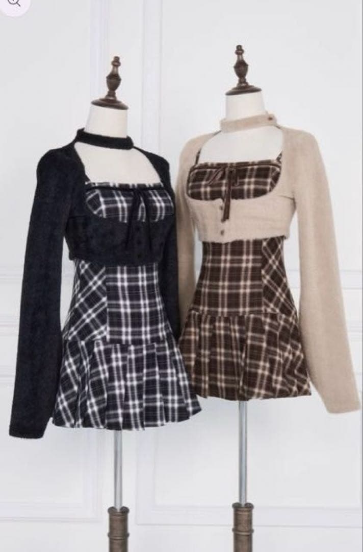 Bunnylis ファーボレロ×チェックミニワンピース ブラック タグ付き