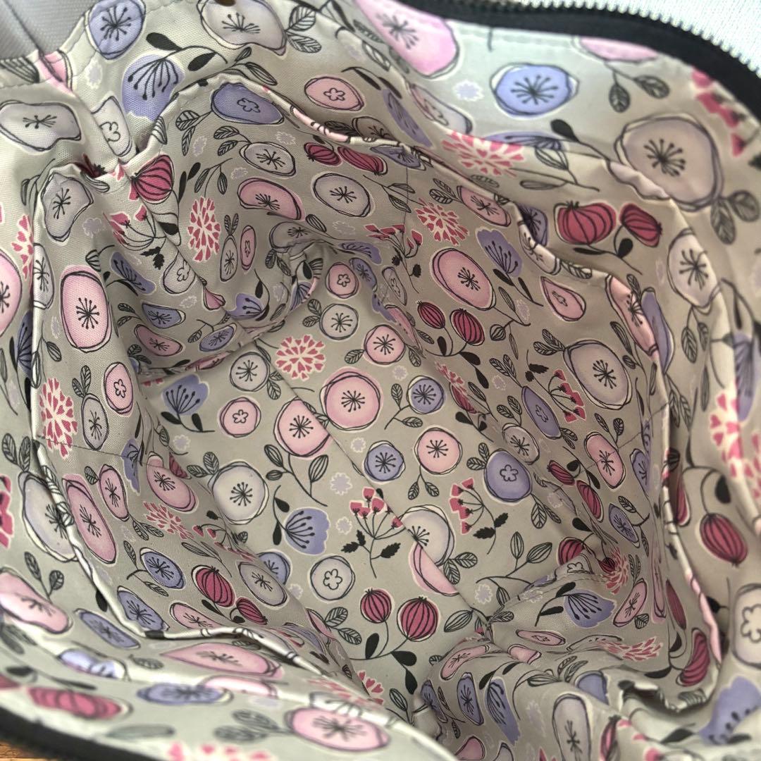 【えり】ダブルフリル巾着ショルダーバッグ　帆布　ココア×エレガントフラワー