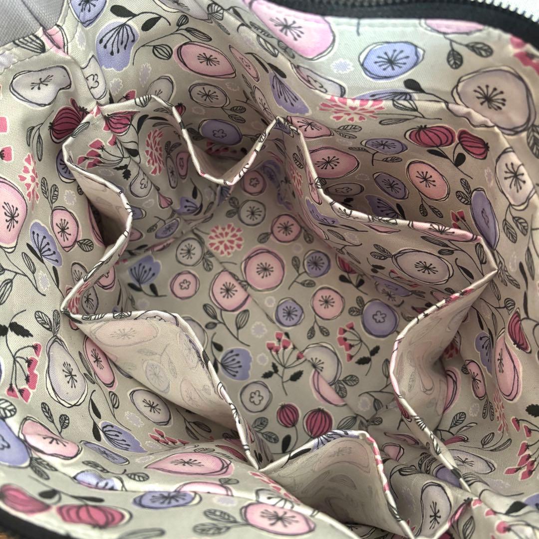 【えり】ダブルフリル巾着ショルダーバッグ　帆布　ココア×エレガントフラワー