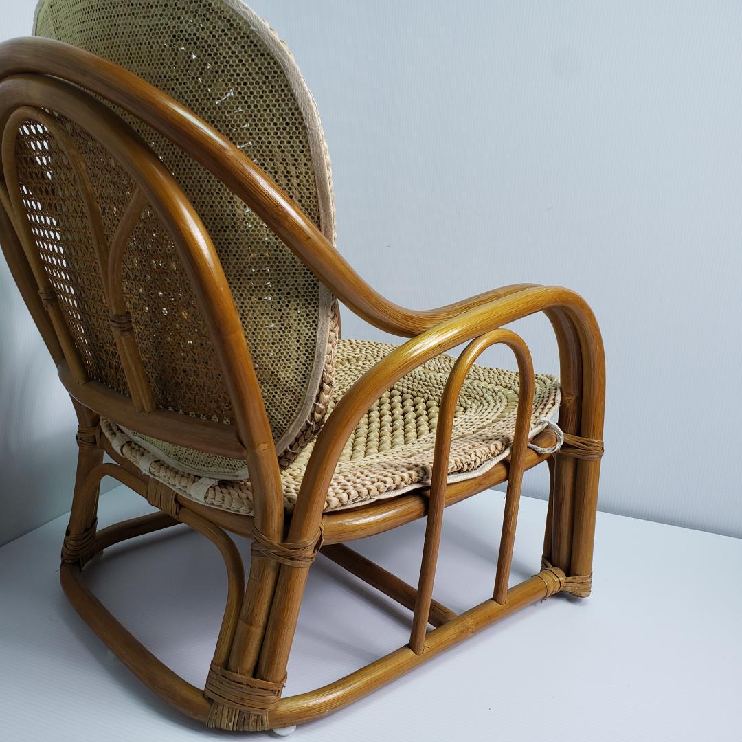 ラタン　座椅子　レトロ　木製ビーズ付き　希少