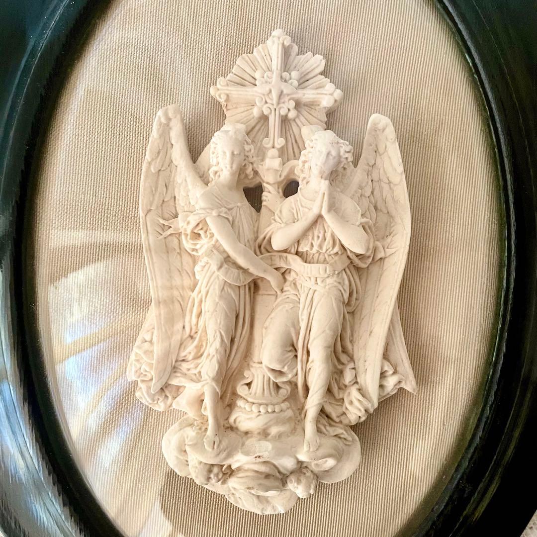 2人の天使のメダイヨン エンジェル フランスアンティーク エクリュ　フレーム