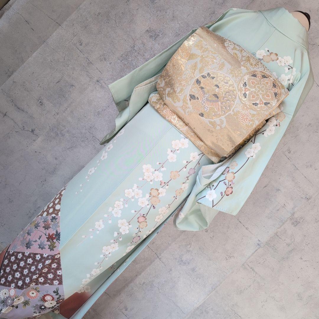 訪問着　フルセット　着物　正絹　ミントグリーン桜梅紅葉　金　落款　祝い事　C1