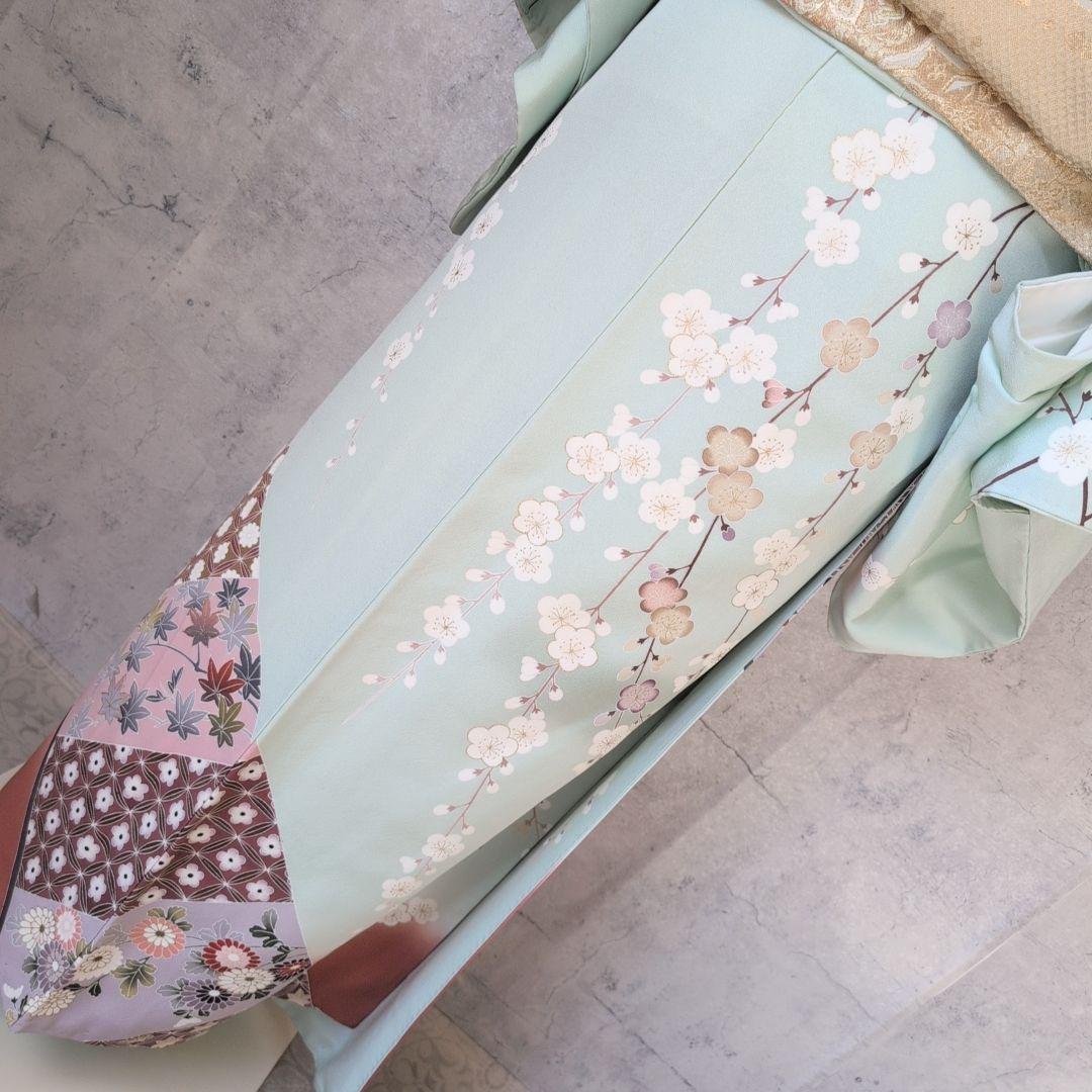 訪問着　フルセット　着物　正絹　ミントグリーン桜梅紅葉　金　落款　祝い事　C1