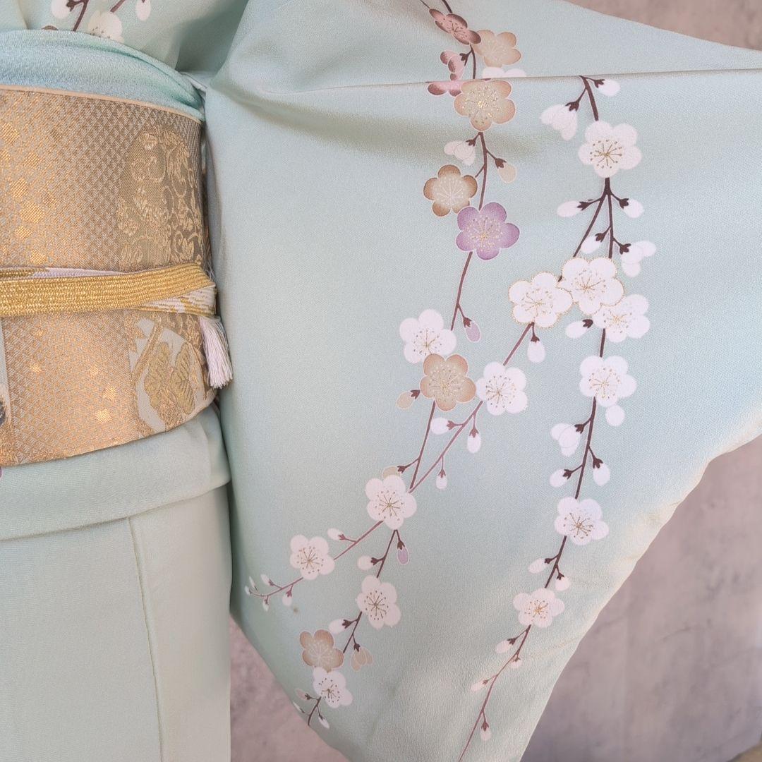 訪問着　フルセット　着物　正絹　ミントグリーン桜梅紅葉　金　落款　祝い事　C1