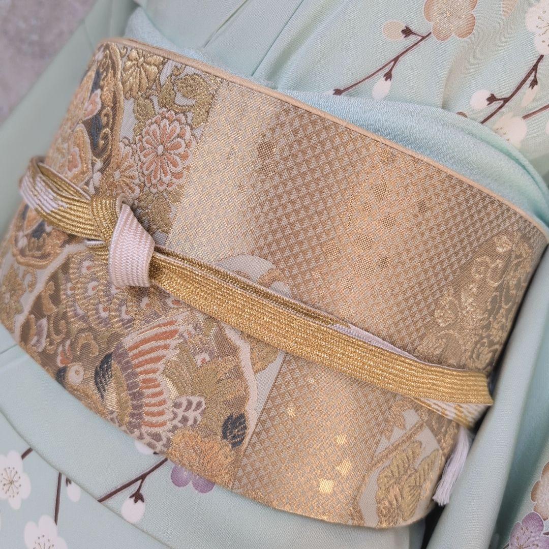 訪問着　フルセット　着物　正絹　ミントグリーン桜梅紅葉　金　落款　祝い事　C1