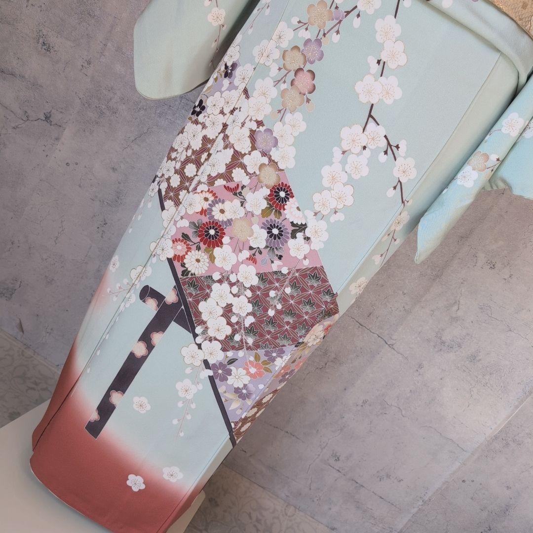 訪問着　フルセット　着物　正絹　ミントグリーン桜梅紅葉　金　落款　祝い事　C1