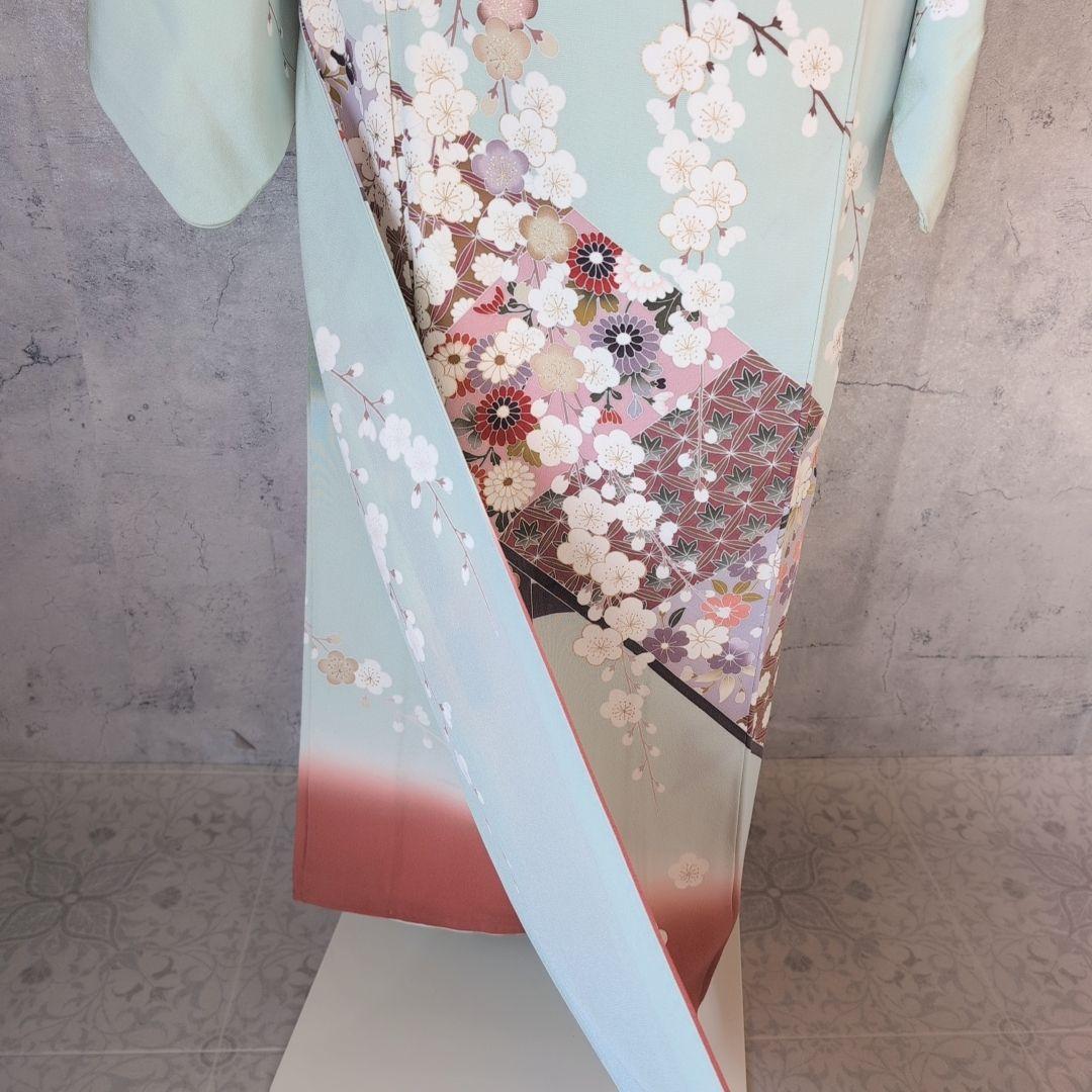 訪問着　フルセット　着物　正絹　ミントグリーン桜梅紅葉　金　落款　祝い事　C1