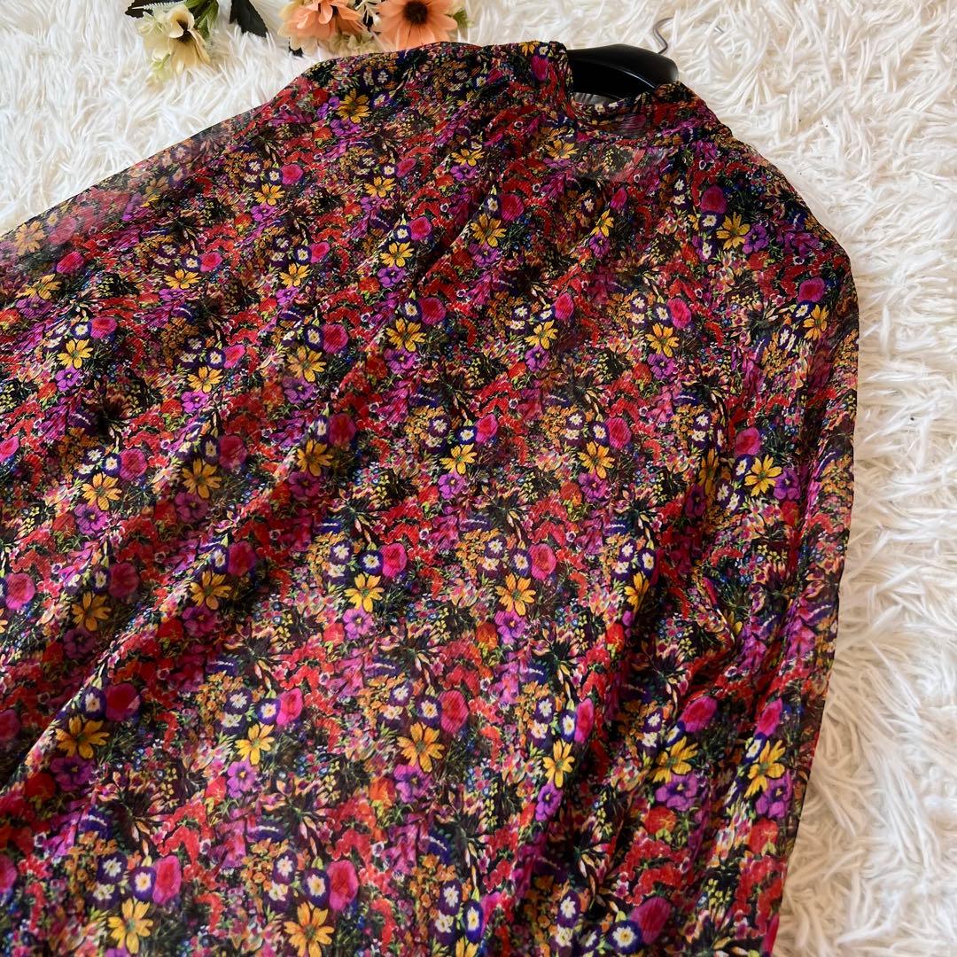 Drawer ドゥロワー フラワー プリント シルク リボン シアー ブラウス