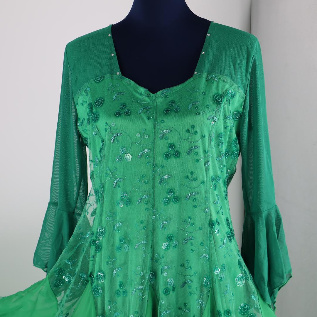 【美品 社交ダンス衣装】鮮やかグリーン×レース地 ドレス スタンダード モダン