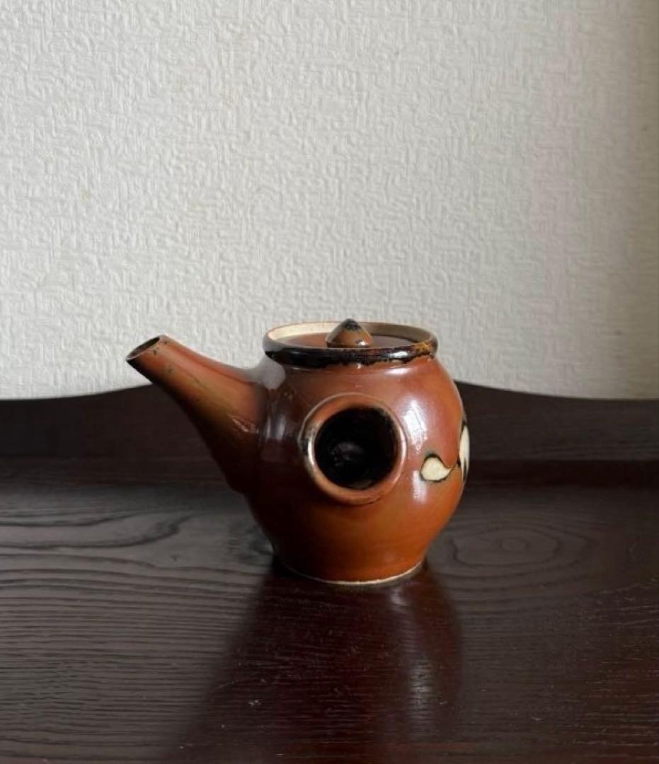 民藝 古作 益子焼 柿釉 抜絵 茶器揃 急須 湯呑み4客 古民藝 民芸