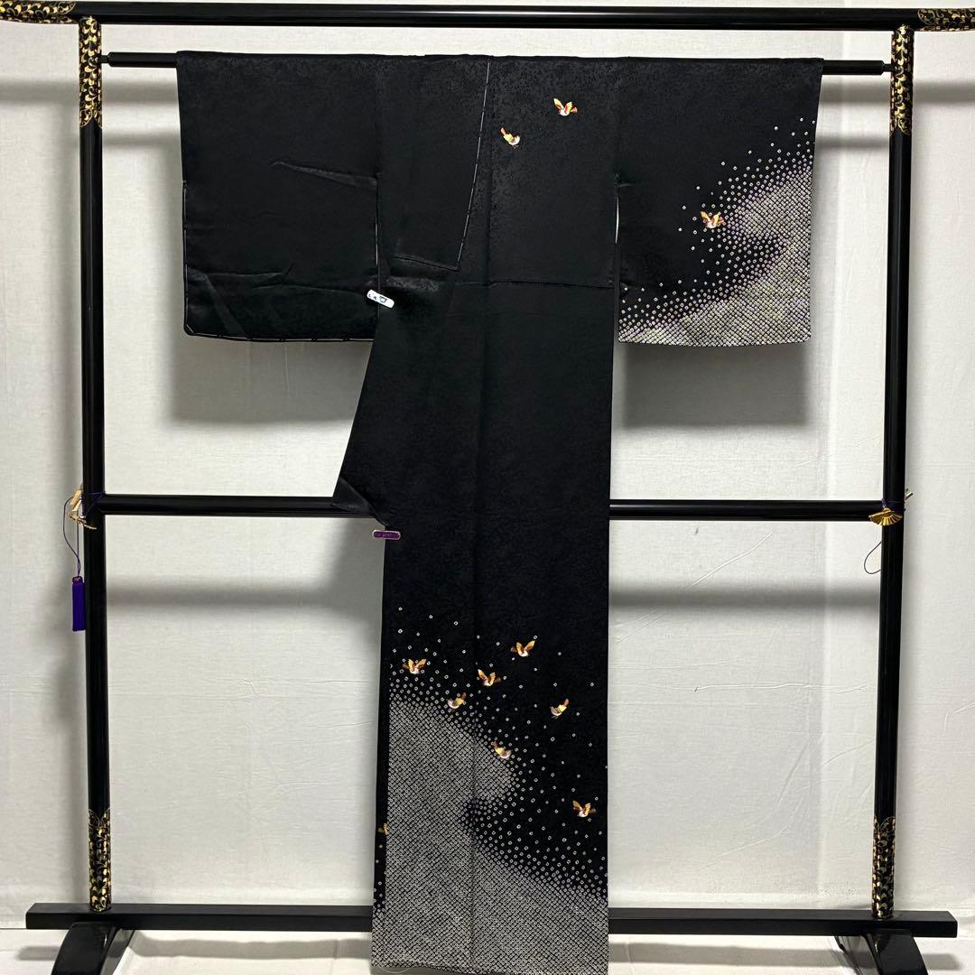 D143 訪問着　絞り　鳥刺繍　花紋　正絹　着物　袷　未使用極美品