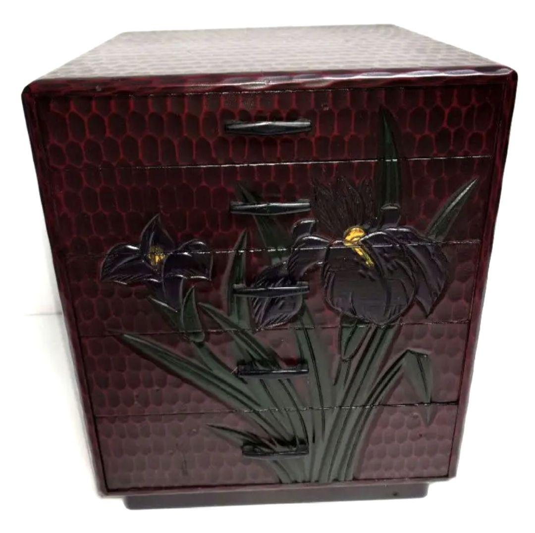 木製 鎌倉彫 2段3段5段 引出し 小物入れ 昭和レトロ 竹 あやめ菖蒲ケース箱