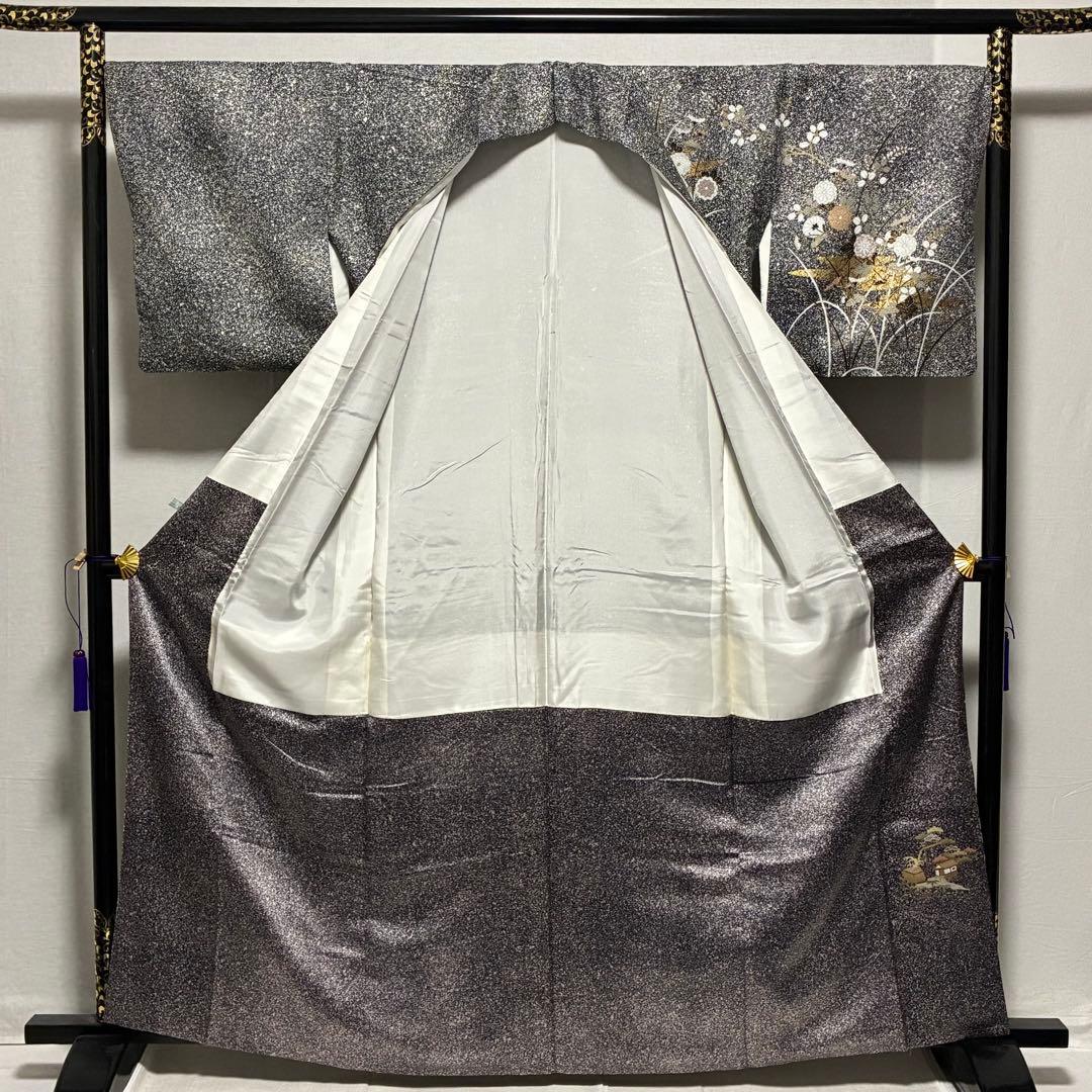 D144 訪問着　叩き染め　花模様　金彩　正絹　着物　袷　極美品